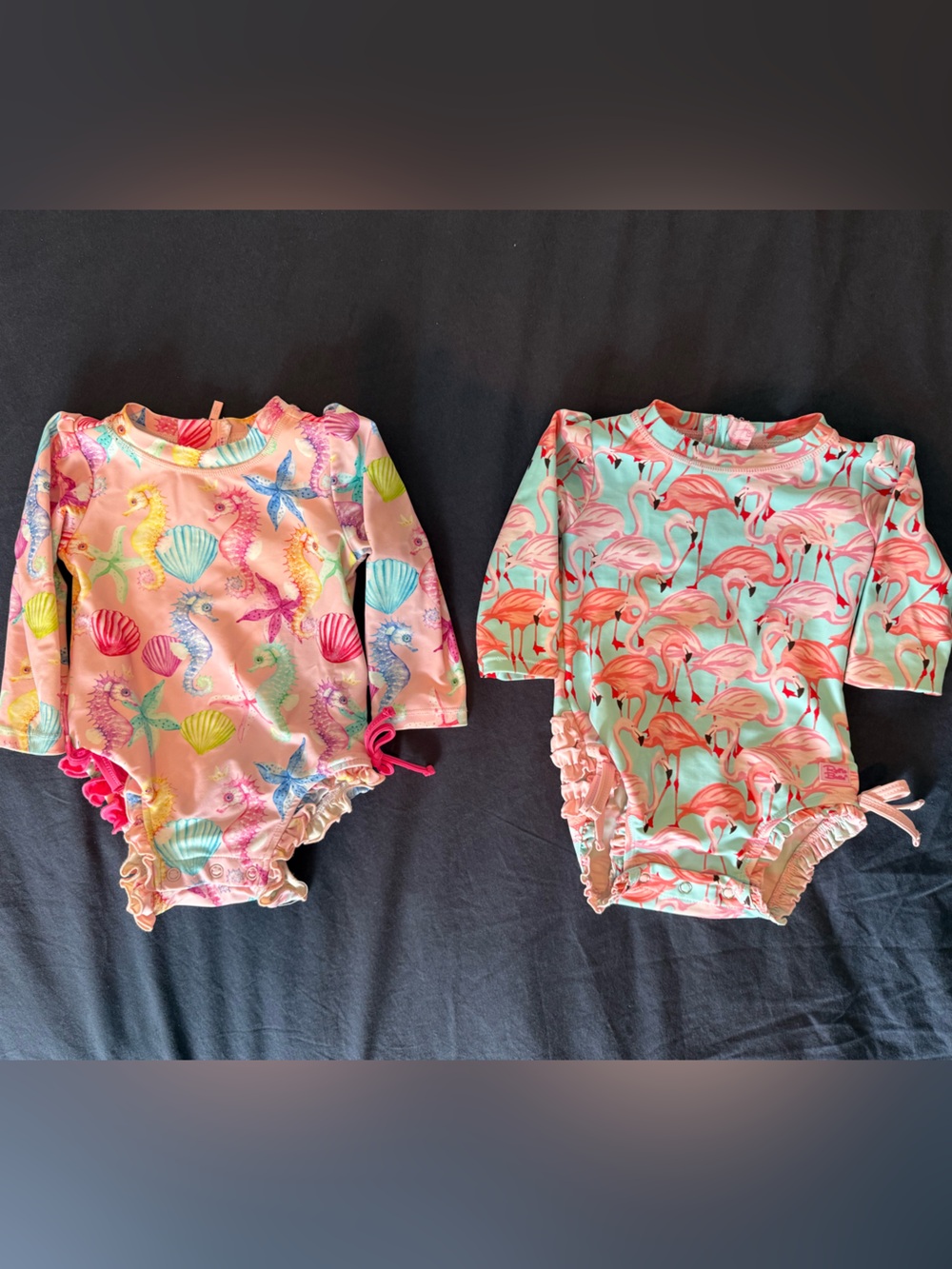 Ruffle butts flamingo + Posh Peanut seahorse swimsuit 6-12mo - set of 2